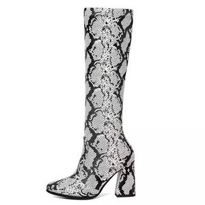 Leather Elastic Fabric Boot Snakeskin Pattern  High Boots